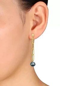 9-10mm Grey Cultured Freshwater Pearl Oval Link Earrings in 18k Yellow Gold Plated Sterling Silver