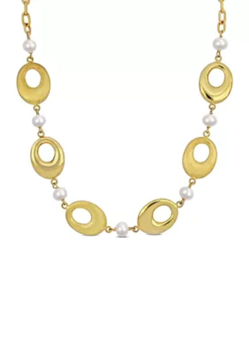 6-7mm Cultured Freshwater Pearl and Oval Disc Station Chain Necklace in 18k Yellow Gold Plated Sterling Silver