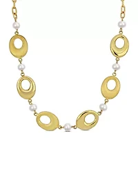 6-7mm Cultured Freshwater Pearl and Oval Disc Station Chain Necklace in 18k Yellow Gold Plated Sterling Silver