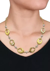 6-7mm Cultured Freshwater Pearl and Oval Disc Station Chain Necklace in 18k Yellow Gold Plated Sterling Silver