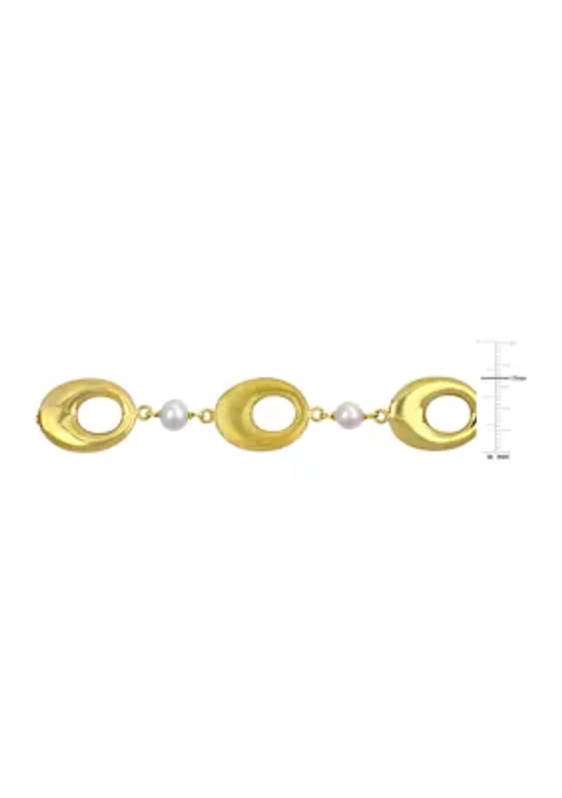 6-7mm Cultured Freshwater Pearl and Oval Disc Station Chain Necklace in 18k Yellow Gold Plated Sterling Silver