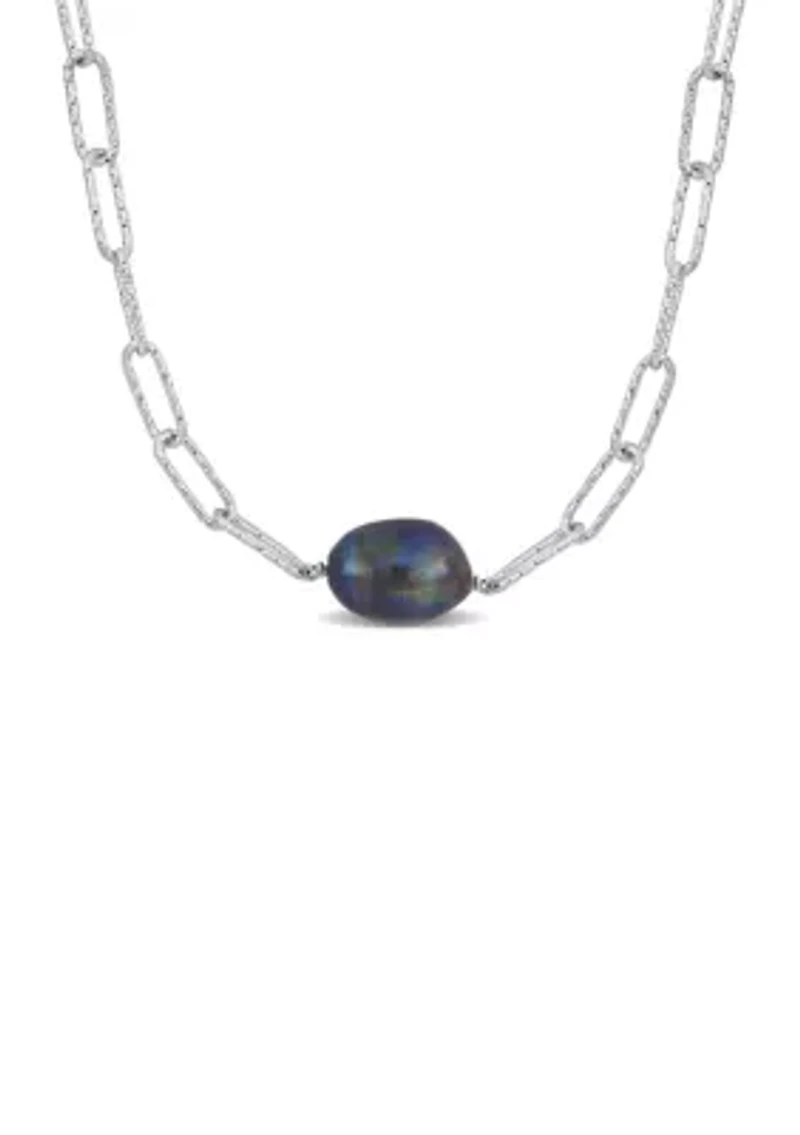 11-12mm Black Cultured Freshwater Baroque Pearl Paperclip Necklace in Sterling Silver