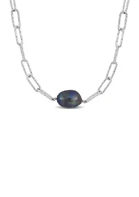 11-12mm Black Cultured Freshwater Baroque Pearl Paperclip Necklace in Sterling Silver