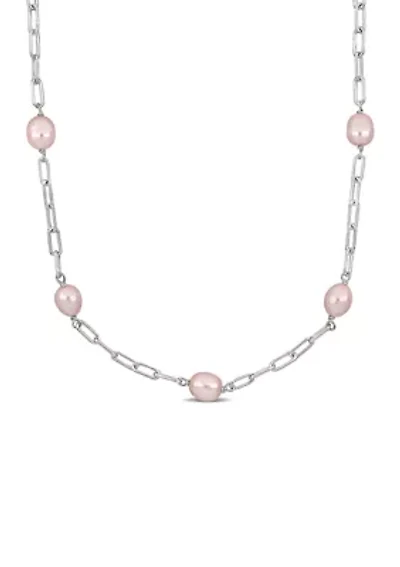 8-9mm Pink Cultured Freshwater Pearl Station Necklace in Sterling Silver