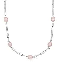 8-9mm Pink Cultured Freshwater Pearl Station Necklace in Sterling Silver