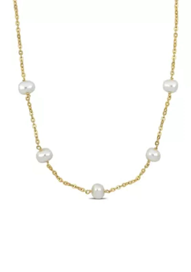 9-10mm Cultured Freshwater Pearl Station Necklace in 18k Yellow Gold Plated Sterling Silver
