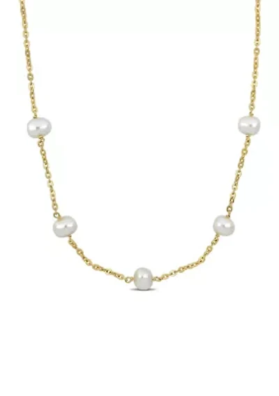 9-10mm Cultured Freshwater Pearl Station Necklace in 18k Yellow Gold Plated Sterling Silver