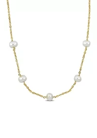 9-10mm Cultured Freshwater Pearl Station Necklace in 18k Yellow Gold Plated Sterling Silver