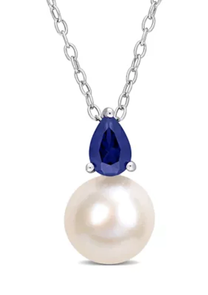 Lab Created 8.5-9mm White Freshwater Cultured Pearl and 5/8 CT TGW Created Blue Sapphire Solitaire Pendant with Chain in Sterling Silver