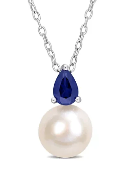 Lab Created 8.5-9mm White Freshwater Cultured Pearl and 5/8 CT TGW Created Blue Sapphire Solitaire Pendant with Chain in Sterling Silver