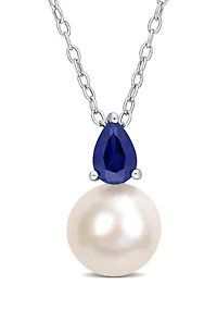 Lab Created 8.5-9mm White Freshwater Cultured Pearl and 5/8 CT TGW Created Blue Sapphire Solitaire Pendant with Chain in Sterling Silver