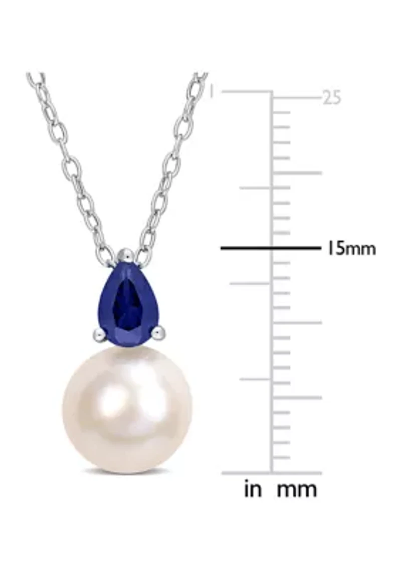 Lab Created 8.5-9mm White Freshwater Cultured Pearl and 5/8 CT TGW Created Blue Sapphire Solitaire Pendant with Chain in Sterling Silver