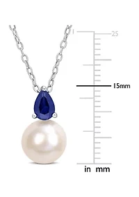 Lab Created 8.5-9mm White Freshwater Cultured Pearl and 5/8 CT TGW Created Blue Sapphire Solitaire Pendant with Chain in Sterling Silver