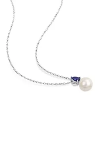Lab Created 8.5-9mm White Freshwater Cultured Pearl and 5/8 CT TGW Created Blue Sapphire Solitaire Pendant with Chain in Sterling Silver