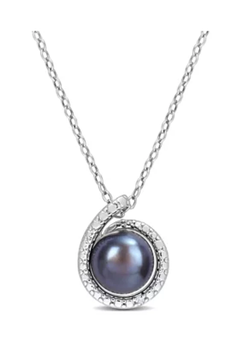 8-8.5mm Black Freshwater Cultured Pearl and Diamond Accent Swirl Pendant with Chain in Sterling Silver