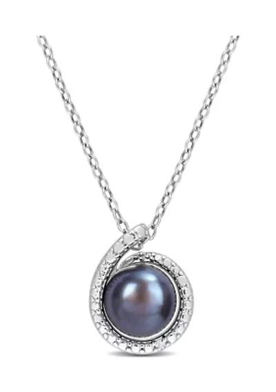 8-8.5mm Black Freshwater Cultured Pearl and Diamond Accent Swirl Pendant with Chain in Sterling Silver