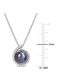8-8.5mm Black Freshwater Cultured Pearl and Diamond Accent Swirl Pendant with Chain in Sterling Silver