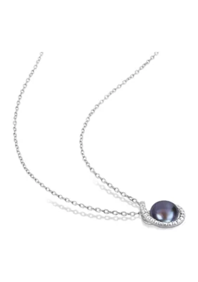 8-8.5mm Black Freshwater Cultured Pearl and Diamond Accent Swirl Pendant with Chain in Sterling Silver