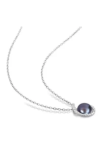 8-8.5mm Black Freshwater Cultured Pearl and Diamond Accent Swirl Pendant with Chain in Sterling Silver