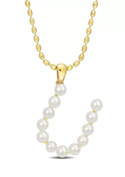 3.5-4mm Freshwater Cultured Pearl "H" Initial Pendant with Chain in Yellow Plated Sterling Silver