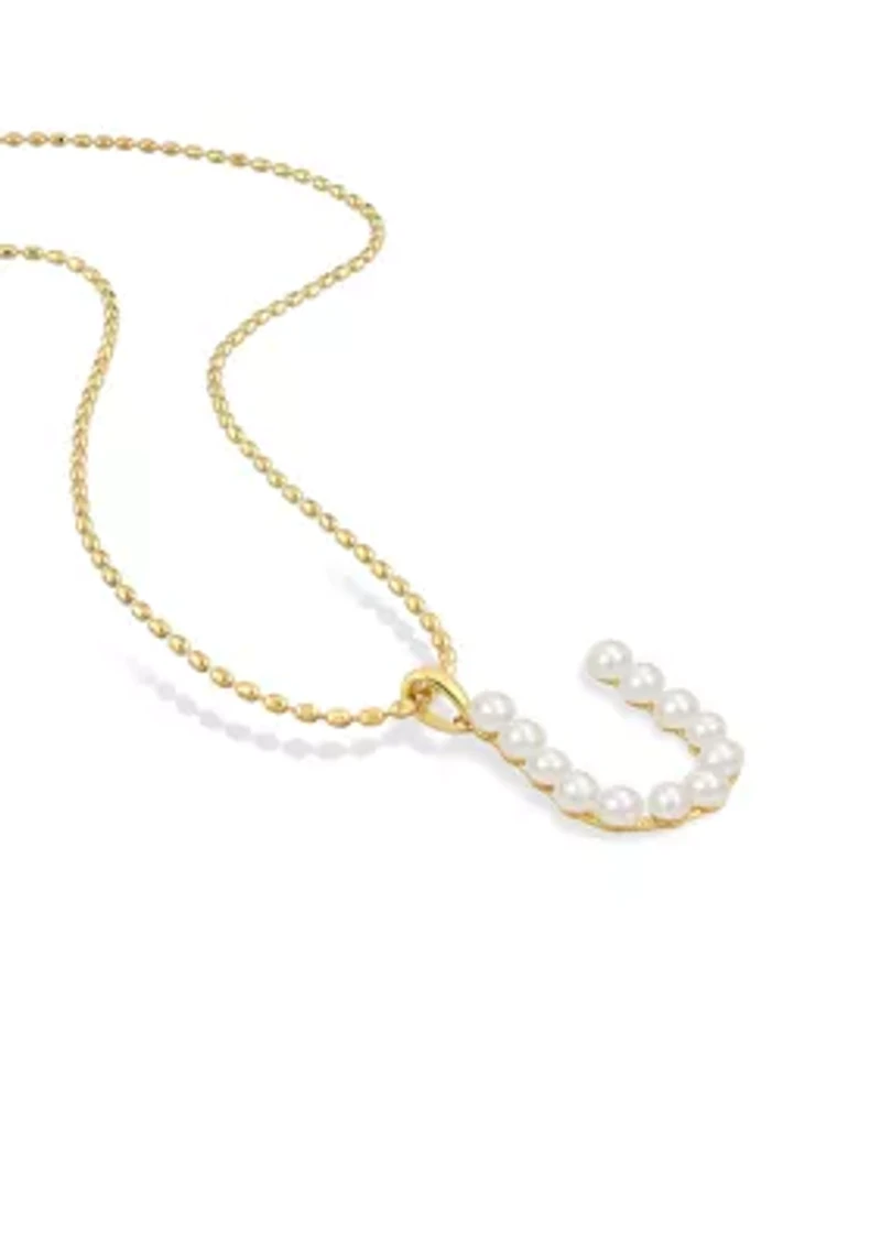 3.5-4mm Freshwater Cultured Pearl "H" Initial Pendant with Chain in Yellow Plated Sterling Silver