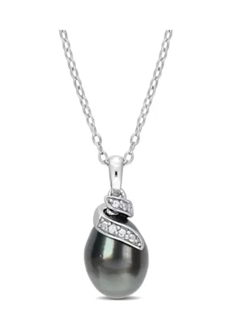 8-9mm Black Tahitian Cultured Pearl and Diamond Accent Swirl Pendant with Chain in Sterling Silver