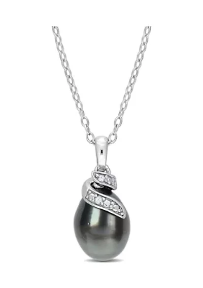 8-9mm Black Tahitian Cultured Pearl and Diamond Accent Swirl Pendant with Chain in Sterling Silver