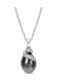 8-9mm Black Tahitian Cultured Pearl and Diamond Accent Swirl Pendant with Chain in Sterling Silver