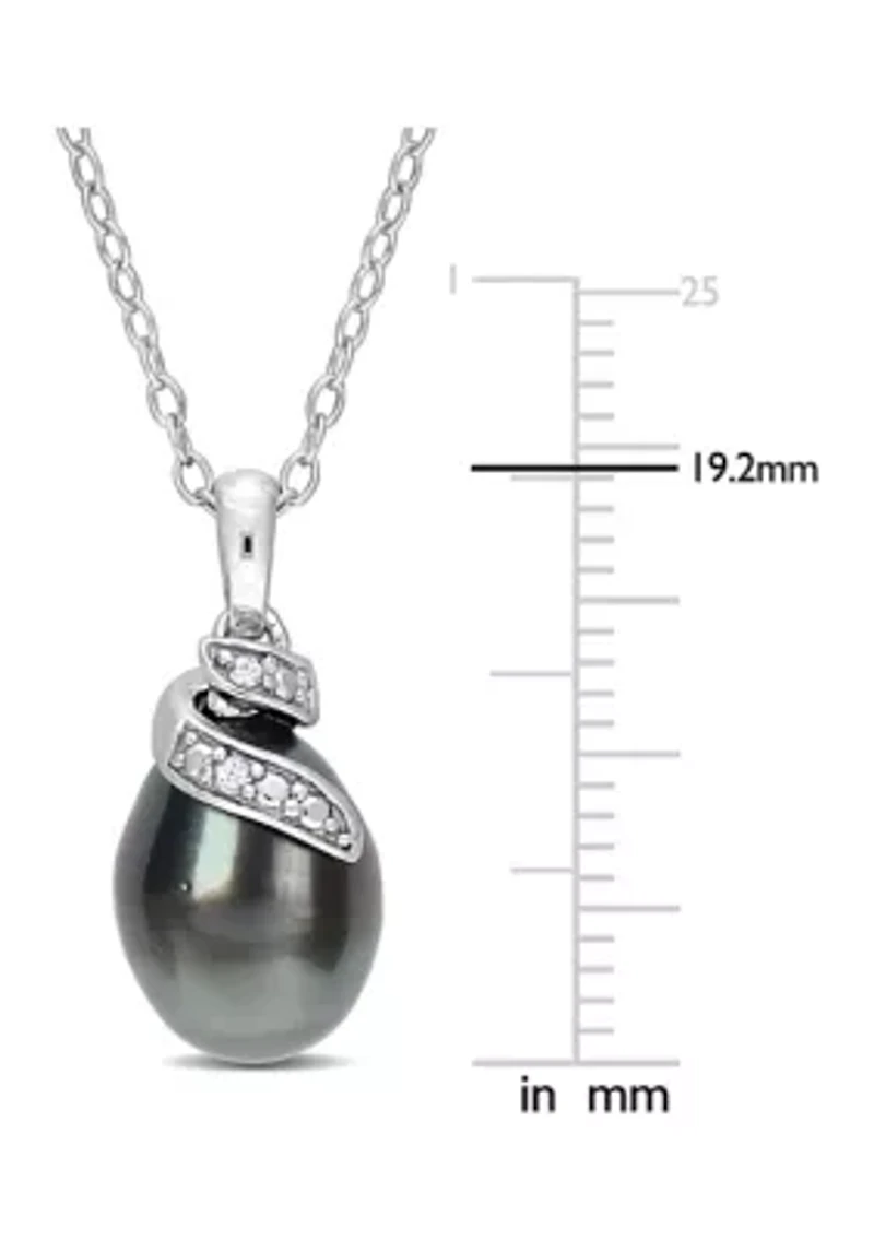 8-9mm Black Tahitian Cultured Pearl and Diamond Accent Swirl Pendant with Chain in Sterling Silver