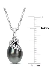 8-9mm Black Tahitian Cultured Pearl and Diamond Accent Swirl Pendant with Chain in Sterling Silver