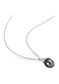 8-9mm Black Tahitian Cultured Pearl and Diamond Accent Swirl Pendant with Chain in Sterling Silver