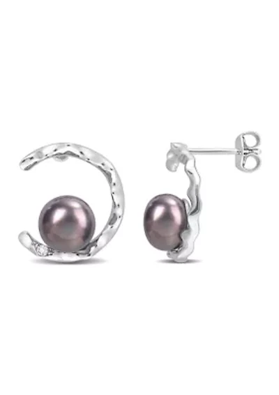 7.5-8mm Black Freshwater Cultured Pearl and White Topaz Open Wave Earrings in Sterling Silver
