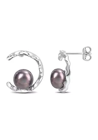 7.5-8mm Black Freshwater Cultured Pearl and White Topaz Open Wave Earrings in Sterling Silver