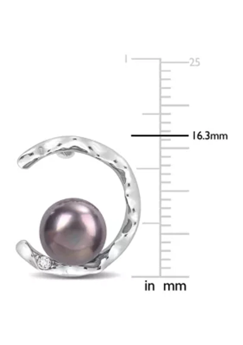 7.5-8mm Black Freshwater Cultured Pearl and White Topaz Open Wave Earrings in Sterling Silver