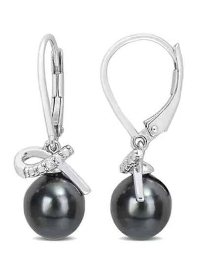 0.02 CT Diamond TW 8 - 9 MM Black Tahitian Cultured Pearl LeverBack Earrings Silver I3