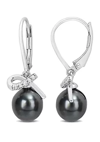 0.02 CT Diamond TW 8 - 9 MM Black Tahitian Cultured Pearl LeverBack Earrings Silver I3