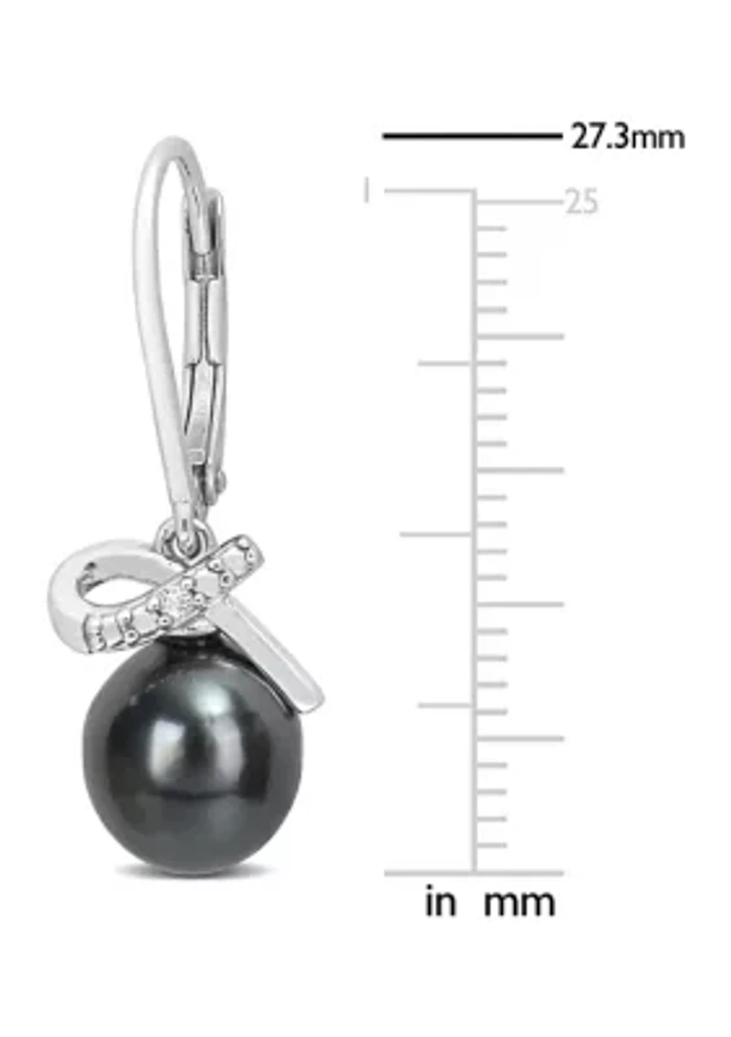 0.02 CT Diamond TW 8 - 9 MM Black Tahitian Cultured Pearl LeverBack Earrings Silver I3