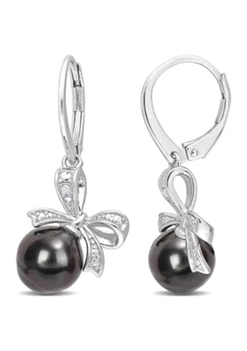 8-9mm Black Tahitian Cultured Pearl and Diamond Accent Bow Leverback Earrings in Sterling Silver