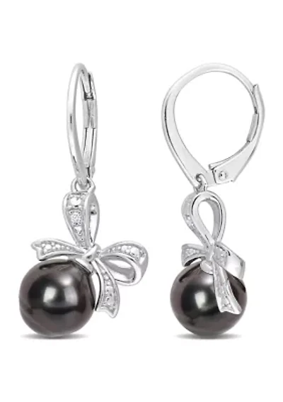 8-9mm Black Tahitian Cultured Pearl and Diamond Accent Bow Leverback Earrings in Sterling Silver
