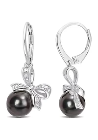8-9mm Black Tahitian Cultured Pearl and Diamond Accent Bow Leverback Earrings in Sterling Silver