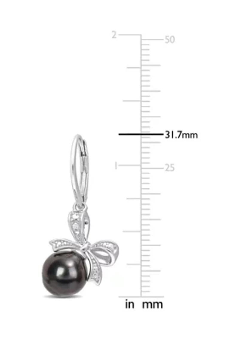 8-9mm Black Tahitian Cultured Pearl and Diamond Accent Bow Leverback Earrings in Sterling Silver