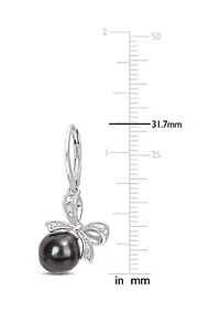 8-9mm Black Tahitian Cultured Pearl and Diamond Accent Bow Leverback Earrings in Sterling Silver