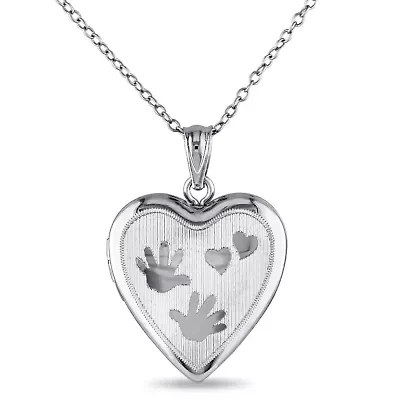 Engraved Heart and Hands Locket Pendant with Chain in Sterling Silver