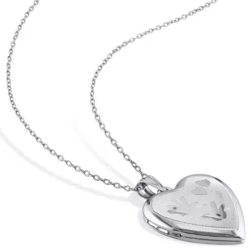 Engraved Heart and Hands Locket Pendant with Chain in Sterling Silver