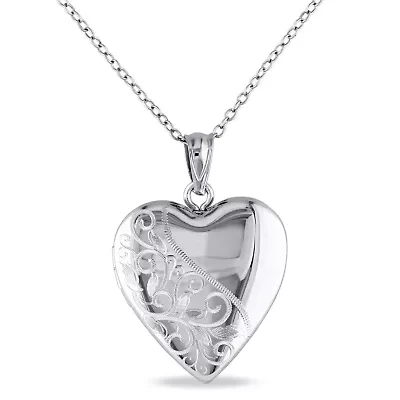Engraved Filigree Heart Locket Pendant with Chain in Sterling Silver