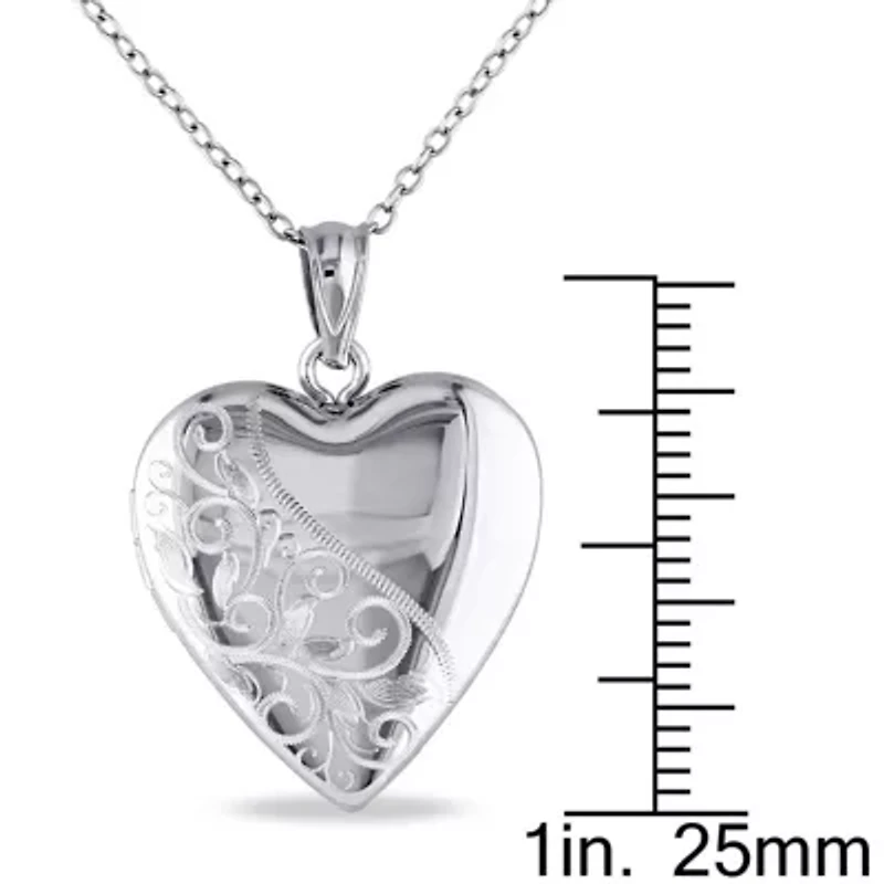 Engraved Filigree Heart Locket Pendant with Chain in Sterling Silver