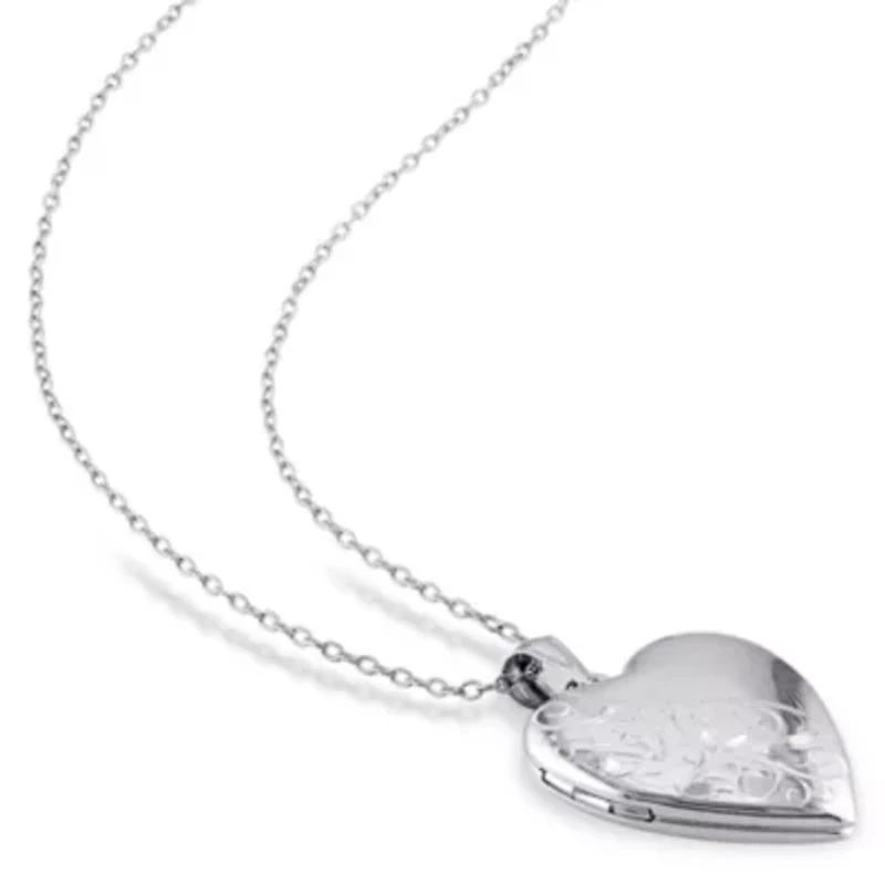 Engraved Filigree Heart Locket Pendant with Chain in Sterling Silver