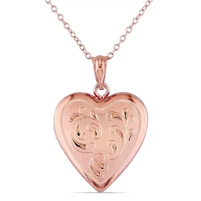 Engraved Filigree Heart Locket Pendant with Chain in Rose Plated Sterling Silver