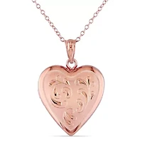 Engraved Filigree Heart Locket Pendant with Chain in Rose Plated Sterling Silver