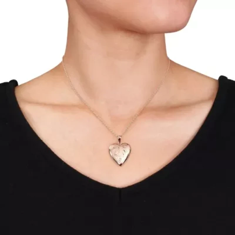 Engraved Filigree Heart Locket Pendant with Chain in Rose Plated Sterling Silver